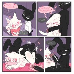2026 4_panel_comic anthro areola aroused bed big_breasts big_penis biped black_body black_fur border bottomwear breasts cervical_penetration clothed clothed_anthro clothed_female clothed_male clothing collared_shirt comic constricted_pupils covering covering_mouth covering_own_mouth covering_self deep_penetration dialogue digital_drawing_(artwork) digital_media_(artwork) digitigrade domestic_cat dress duo english_text felid feline felis female female_on_bottom floppy_ears from_behind_position fully_clothed fully_clothed_anthro fully_clothed_female fully_clothed_male fur furniture genitals glans grimace high-angle_view hug hugging_object hugging_pillow humanoid_genitalia humanoid_penis internal internal_vaginal interspecies lagomorph legwear leporid lidded_eyes light_blush looking_at_another looking_at_partner looking_up_at_another lying lying_on_bed male male/female male_on_top mammal moan mounting narrowed_eyes nipples nude nude_anthro nude_female nude_male on_bed on_bottom on_top pants penetration penis pillow pink_eyes pink_sclera plantigrade pupils rabbit rough_sex sex shirt short_anthro short_female shortstack shortstack_anthro shortstack_female side_view slim slim_anthro slim_male slit_pupils small_pupils snazzle_snapp speech_bubble stockings stomach_bulge text three-quarter_view topwear two_row_layout white_body white_border white_fur wide_eyed