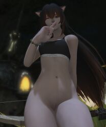 3d animal_ears black_hair bow bracelets calvin_klein curvy cute female final_fantasy_xiv gpose_(ffxiv) miqo'te mostly_nude orange_highlights outside shushing tagme teasing tongue_out veyleafterdark winking
