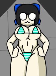 big_breasts black_background black_hair down_angle glasses light-skinned_female micro_bikini misi_(the_p-club) nude_female the_p-club xgarex