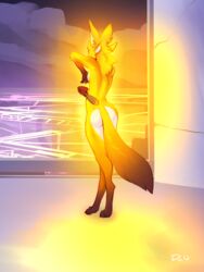 3:4 absurd_res ass breasts brush brushing canid canine discreet_user female fire fox fur glowing glowing_body hi_res mammal multi_ear mylar_(discreet_user) side_boob solo yellow_body yellow_fur