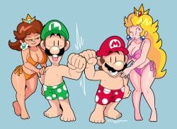 2boys 2girls bare_legs barefoot bikini bikini_bottom bikini_top blonde_hair blue_eyes blush breasts brown_hair crown curvy earrings feet fist_bump flipped_hair flower_earrings flower_ornament funnyhoohooman groin knees legs leotard luigi mario mario_(series) mustache nintendo no_shirt ornament pink_leotard polka_dot polka_dot_swimsuit princess princess_daisy princess_peach smile smirk super_mario_bros. swim_trunks swimsuit toes tomboy wink yellow_leotard