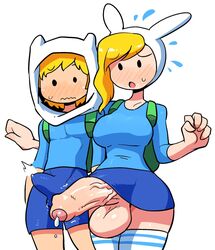 1boy 1futa adventure_time backpack bag balls big_balls big_breasts big_penis black_eyes blonde_hair blush breasts bunny_ears clothed clothing crap-man duo embarrassed erection erection_under_clothes female finn_the_human fionna_the_human_girl foreskin fully_clothed futa_focus futa_is_bigger futanari headwear hi_res hood huge_cock human intersex legwear light-skinned_futa light_skin looking_at_penis male mostly_clothed no_panties pale_skin penis penis_size_difference precum skirt skirt_lift standing uncensored uncircumcised uncut veiny_penis white_background