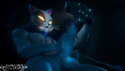 animal_humanoid anthro bodily_fluids bottomless cat_humanoid clothed clothing cybernetic_hand cybernetics dark_room electronics epic_games felid felid_humanoid feline feline_humanoid fortnite fur genital_fluids hi_res hoodie hoodie_only humanoid jaiblizz logo machine male male_only mammal mammal_humanoid masturbation muscular nyanja_(fortnite) open_mouth phone precum robotic_arm sitting solo spread_legs spreading stroking_penis topwear topwear_only white_body white_fur