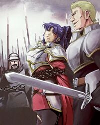 armor armored_female blood blue_hair bondage chains defeated defeated_heroine larentia_(tear_ring_saga) sword tagme tare-katsu tear_ring_saga tear_ring_saga:_berwick_saga tears