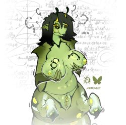 anmoriiii antennae_(anatomy) areola arthropod beetle big_breasts breasts caterpillar clitoris confusion digital_media_(artwork) eyelashes female female_only front_view genitals hair hi_res insect larva meme nipples nude plump_labia pointy_ears question_mark shaded short_hair solo surprised taur tongue tongue_out vulva