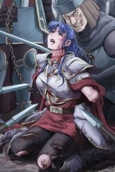 armor armored_female blood blue_hair bondage chains defeated defeated_heroine hair_grab larentia_(tear_ring_saga) spear sword tagme tare-katsu tear_ring_saga tear_ring_saga:_berwick_saga torn_clothes