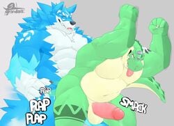 abs anal anal_sex anthro balls biceps blue_body blue_fur canid canine canis claws countershading crocodile crocodilian crocodylid doggy_style duo fist fluffy fluffy_tail from_behind_position fur genitals grandall_(artist) grandall_(character) green_body green_scales half-closed_eyes humanoid_genitalia humanoid_penis long_tail looking_pleasured male male/male male_penetrated male_penetrating male_penetrating_male mammal motion_lines muscular muscular_anthro muscular_male narrowed_eyes neck_tuft onomatopoeia pecs penetration penis reptile scales scalie sex sharp_teeth sound_effects spiked_tail spikes spikes_(anatomy) teeth text thrusting tongue tongue_out tuft white_body white_countershading white_fur wolf yellow_body yellow_countershading yellow_scales