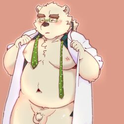 1:1 2021 anthro balls blush clothed clothing eyewear flaccid genitals ginsingoo1 glasses hi_res humanoid_hands kemono leib_(tokyo_afterschool_summoners) lifewonders male mammal necktie open_clothing open_shirt open_topwear overweight overweight_male penis shirt simple_background small_penis solo tokyo_afterschool_summoners topwear ursid video_games