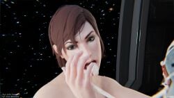 2girls 3d 3d_(artwork) 3d_model asari big_breasts blue_skin cleavage close-up commander_shepard cum cum_drip cum_in_mouth cum_on_face cum_on_hand cum_string cum_swap drool drool_on_breasts drooling femshep freckles green_eyes jane_shepard licking_cum mass_effect meditating meditation nude open_mouth red_hair rotosama samara sleep_molestation sleeping tongue_out