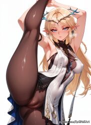 2026 ai_generated anime armpits arms_up bangs bare_shoulders black_pantyhose blonde_hair blue_eyes blush braid braided_hair breasts cameltoe cartethyia_(wuthering_waves) cleavage covered_navel covered_nipples crossover dress ear_piercing earrings elf explicit eye_contact female female_focus female_only flushed highres jewelry leg_lift leg_up long_hair looking_at_viewer medium_breasts nsfw pantyhose patreon piercing pointy_ears pussy rognezart simple_background solo split spread_pussy standing standing_on_one_leg standing_split thick_thighs thighs very_long_hair white_background white_dress wuthering_waves