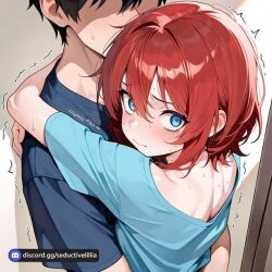 1boy ai_assisted ai_generated aqua_shirt bangs black_hair blue_eyes blue_shirt blush bra_strap collar dotted_line faceless female hand_under_shirt hidden_face hug mitake_ran motion_lines no_eyes red_hair scared shaking shirt short_hair short_sleeves struggling sweat sweating_profusely t-shirt trembling turn_pale twitching twitching_penis upper_body