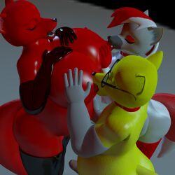 2026 3d_(artwork) absurd_res anthro areola belly big_belly big_breasts black_clothing black_gloves black_handwear black_legwear black_nose black_thigh_highs breastfeeding breasts canid canine charleyfox_fox closed_eyes clothing collar countershade_snout countershading darius_tatu_(themeshow101) digital_media_(artwork) erection eyebrows eyeshadow eyewear fangs female fox fur genitals glans glasses glistening glistening_body gloves grey_body grey_countershading grey_fur group hair handwear hi_res huge_breasts hundred_(onehundredandone) intersex intersex/female intersex/male latex latex_clothing latex_gloves latex_handwear latex_legwear latex_thigh_highs legwear makeup male mammal mti_crossgender multicolored_hair nipple_fetish nipple_play nipple_suck nipples open_mouth overweight overweight_intersex penis red_areola red_clothing red_collar red_eyebrows red_eyeshadow red_hair red_legwear red_nipples red_tail red_thigh_highs reverse_countershading rule_63 slightly_chubby slightly_chubby_male snout sucking tail teeth themeshow101 thigh_highs trio white_clothing white_gloves white_hair white_handwear yellow_body yellow_fur yellow_tail zane_scoot