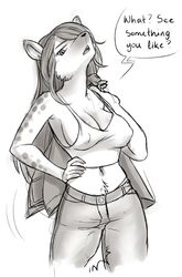 anthro belly_tuft bluebun bottomwear breasts bulge cleavage clothed clothing dialogue ear_tuft elza_(ishuzoku_reviewers) english_text fur fur_tuft futanari genital_outline gynomorph hair hi_res holding_clothing holding_object hyaenid intersex ishuzoku_reviewers mammal midriff navel nipple_outline open_mouth penis_outline pose sleeveless_clothing sleeveless_topwear solo speech_bubble spots spotted_body spotted_fur text topwear tuft