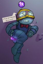 big_ass big_glasses brawl_stars bright_eyes carl_(brawl_stars) construction_helmet dirt gem half-closed_eyes humiliation male_only on_the_ground public_humiliation public_nudity purple_gem purple_gemstone solo_male spanish_dialogue spanish_text uniform worried worried_expression yellow_eyes yellow_helmet