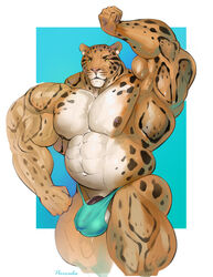 5_fingers abs anthro areola balls barely_contained belly benji_(character) biceps big_balls big_biceps big_muscles big_penis biped bodily_fluids brown_body brown_fur brown_spots clothed clothing clouded_leopard ear_piercing felid fingers fist fur genitals hi_res huge_biceps huge_muscles huge_thighs hyper hyper_muscles mainlion male male_only mammal musclegut muscular navel nipples pantherine pecs penis piercing pinup pose raised_arm solo spots spotted_body spotted_fur sweat sweatdrop tan_body tan_fur thick_thighs thong thong_only underwear underwear_only veiny_muscles yellow_sclera