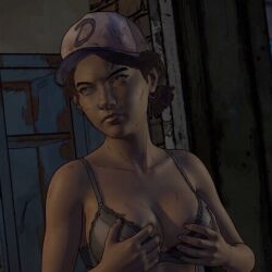 1girls 3d accurate_art_style ai-created ai_assisted ai_generated baseball_cap black_hair bra breasts brown_eyes brown_hair cap cleavage clementine_(the_walking_dead) dark-skinned_female dark_skin edit edited edited_image edited_screencap female female_focus female_only hat headwear holding_breast holding_own_breasts large_breasts looking_away medium_breasts medium_hair official_style the_walking_dead the_walking_dead:_a_new_frontier the_walking_dead_game