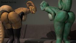 16:9 2021 3d_(artwork) anthro ass bent_over big_breasts blue_eyes breasts chameleon chameleon_(petruz) choker clothing cobra curled_tail digital_media_(artwork) duo english_text fangs female furniture genitals gloves green_body green_eyes green_scales greeting handwear inside jewelry legwear lizard looking_at_viewer meress_(scaleddelta) necklace non-mammal_breasts non-mammal_nipples nude open_mouth pupils pussy rear_view reptile scaleddelta scales scalie serpentine slit_pupils snake snake_(petruz) sofa source_filmmaker tail_aside text widescreen yellow_body yellow_scales