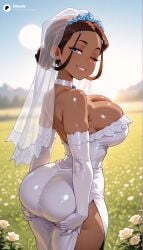 1girls absurd_res absurdres ai_generated ass ass_grab ass_support avatar_the_last_airbender bare_shoulders big_ass big_breasts blue_eyes blurred_background blurry blurry_background breasts bridal_veil bride brown_hair cartoon cartoony choker cleavage dark-skinned_female dark_skin dark_skinned_female depth_of_field dress earrings elbow_gloves female female_focus field flower flower_field from_behind gloves grabbing_own_ass hair_bun hi_res high_quality high_resolution highres huge_ass jewelry katara large_ass large_breasts lips looking_at_viewer looking_back odexai one_eye_closed outdoors parted_lips shiny_skin side_slit single_hair_bun skindentation sky small_waist smile solo solo_focus straight strapless strapless_dress thick_thighs thighs thin_waist tiara veil wedding_dress white_dress white_gloves wide_hips