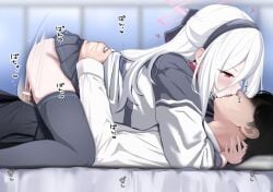 1boy age_difference bar_censor black_hairband black_thighhighs blue_archive blush censored clothed_sex clothes_lift commentary_request cowgirl_position face-to-face faceless faceless_male female french_kiss from_side grey_skirt hairband halo heart hug jacket kei_(blue_archive) kei_(new_body)_(blue_archive) kissing long_hair long_sleeves motion_lines paid_reward_available penis pink_eyes pink_halo rectangular_halo revision saliva sensei_(blue_archive) sex shirt skirt skirt_lift sound_effects straddling straight thighhighs togetoge_(jakusanseimk2) variant_set white_hair white_jacket white_shirt