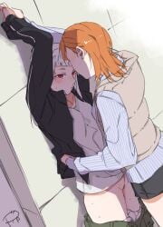 2girls arashi_chisato arms_behind_back black_jacket black_shorts blonde_hair brown_vest commentary_request female female_only highres jacket kabedon love_live! love_live!_superstar!! multiple_girls open_clothes open_jacket orange_hair panties panty_pull pussy_juice red_eyes shadow shibuya_kanon shirt shorts signature surfacedxxc underwear vest white_hair white_shirt yuri