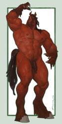 2026 4_fingers abs absurd_res after_transformation ankle_tuft anthro arkees arm_tuft balls biceps big_muscles biped black_hair calf_muscles casual_nudity claws darkened_balls darkened_genitalia darkened_penis deltoids draft_horse equid equine finger_claws fingers flaccid flexing flexing_bicep forearm_muscles foreskin fur genitals green_eyes hair hi_res hooves horse horse_tail humanoid_genitalia humanoid_penis leg_muscles leg_tuft male mammal mane mane_hair muscular navel nipples nude nude_male obliques pecs penis quads red_body red_body_hair red_fur serratus signature simple_background solo standing tail taran_fiddler thick_thighs tuft unretracted_foreskin vein wrist_tuft