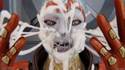 1girls asari awake big_breasts blue_eyes blue_skin cleavage cum cum_drip cum_in_mouth cum_on_breasts cum_on_face cum_on_hand cum_string drool drool_on_face drool_string drooling mass_effect open_eyes open_hand rotosama samara startled