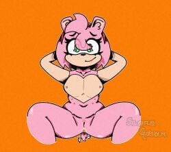 accessory amy_rose anthro anus breasts divinitydivision eulipotyphlan eye_through_hair female female_only genitals green_eyes hair hair_accessory hairband hands_behind_head hedgehog hi_res mammal multi_nipple nervous nervous_smile nipples nude nude_female orange_background pink_body raised_arms sega simple_background small_breasts solo sonic_the_hedgehog_(series) tail tail_motion tailwag tan_body tan_skin translucent translucent_hair vulva watermark