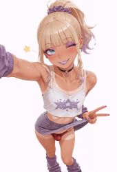 1boy 1femboy 2026 ai_generated alternate_version_available arm_up armpit black_choker blonde_hair blush bulge choker crossdressing eyebrows eyelashes eyeshadow femboy feminine_male girly gyaru gyaru-oh_femboy hips hourglass_figure jean_skirt lips lipstick looking_at_viewer panties peace_sign pectorals presenting presenting_bulge red_panties selfie shirt simple_background skirt skirt_lift skirt_up smile smiling solo thighs trap v v_sign vuurtoren white_background wink winking_at_viewer