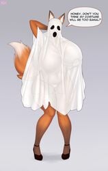 acw anthro big_breasts breasts canid canine clothed clothing costume dialogue english_text female fox ghost_costume halloween halloween_costume hi_res holidays huge_breasts mammal panties panties_down partially_clothed solo text translucent underwear underwear_down