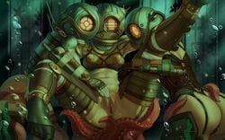 2021 armor artist_name ass big_sister big_sister_(bioshock) bioshock bioshock_2 bottomwear breasts bubble character_name clothed clothing copyright_name digital_media_(artwork) diving_gear diving_helmet diving_suit feet female female/female genitals group hand_on_pussy headgear helmet human mammal nails nightmare_waifu nipple_piercing nipples pants partially_clothed piercing pussy rapture_(bioshock) seaweed tentacle themaestronoob toenails torn_bottomwear torn_clothing torn_pants underwater video_games water