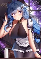 1girls absurd_res apron bell bell_collar big_breasts black_leggings black_legwear blue_hair blush bow breasts cafe cleavage collarbone detailed_background female ganyu_(genshin_impact) genshin_impact hair_between_eyes hair_ribbon hand_on_head hi_res highres hips horn horns huge_breasts large_breasts leggings long_hair looking_at_viewer maid maid_apron maid_dress maid_outfit maid_uniform milk milk_bottle mouth_open open_mouth pink_eyes purple_eyes ribbon sideboob solo thick thick_thighs thighs wide_hips wsman