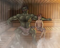 armpit_hair artmelon5 balls blush body_hair duo embarrassed gay genitals green_body green_skin hi_res human human_male humanoid light-skinned_male light_skin male male/male male_only mammal muscular orc orc_male sauna sitting steam suggestive_look towel towel_only wearing_towel