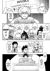 4girls 5boys after_sex black_and_white cheating check doujinshi itou_eight itou_eito izuku_midoriya katsuki_bakugou mina_ashido minoru_mineta momo_yaoyorozu my_hero_academia ochako_uraraka prostitution spiky_hair tsuyu_asui