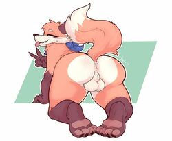 abstract_background all_fours anthro anus ass backsack balls bandana canid canine fox genitals gesture hetfli kerchief looking_back male mammal paws perineum presenting presenting_hindquarters raised_tail simple_background solo thebestfox tongue v_sign