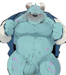 anthro balls blue_body blue_fur blush bottomless clothed clothing disney fur genitals horn hyaku_(artist) male male_only monster monsters_inc musclegut muscular muscular_anthro muscular_male pecs penis pixar simple_background solo sulley topwear white_background