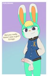 absurd_res animal_crossing anthro balls bodily_fluids bottomless clothed clothing dialogue digital_media_(artwork) english_text erection foreskin fur furry furry_only genital_fluids genitals girly hi_res humanoid_genitalia humanoid_penis jacket lagomorph leporid long_ears looking_at_viewer male male_only mammal nintendo partially_clothed partially_retracted_foreskin penis porldraws precum rabbit sasha_(animal_crossing) signature simple_background smile solo speech_bubble talking_to_viewer text topwear video_games