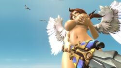 3d angel angel_wings bird blue_sky breast_grab brown_hair furia_(paladins) light-skinned_female paladins solo_female sword weapon wings yellow_eyes