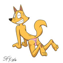 1:1 2016 all_fours anthro ass balls_outline blush bodily_fluids bulge canid canine clothing embarrassed eyebrows feet fox frilly frilly_clothing frilly_panties frilly_underwear fur genital_outline grin hi_res ian_r_soulfox kaiketsu_zorori looking_at_viewer looking_back male mammal nude panties pawpads pink_clothing pink_panties pink_underwear presenting shy simple_background smile solo sweat sweatdrop underwear whiskers white_background zorori