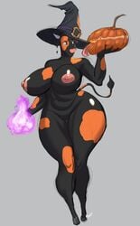 2021 anthro areola besky_(artist) big_breasts biped black_body black_fur blue_eyes bovid bovine breasts cattle clothing ear_piercing female fur genitals grey_background guide_lines halloween hat headgear headwear hi_res holidays horn huge_breasts jack-o'-lantern magic magic_user mammal multicolored_body multicolored_fur nipples nude orange_body orange_fur piercing pink_areola pink_nipples pussy signature simple_background solo standing tail_tuft tuft two_tone_body two_tone_fur white_horn witch witch_hat