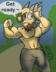 anthro big_penis bovid bulge caprine cartoon_network flexing flexing_bicep genitals goat half-erect hi_res hydethehybrid2000 male male_only mammal muscular muscular_male penis regular_show solo thomas_(regular_show)