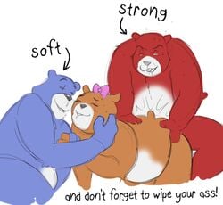 2021 anthro belly black_nose blue_body brown_body charmin charmin_bear closed_eyes english_text female group humanoid_hands male male/female mammal overweight red_body sex simple_background text unknown_artist ursid white_background white_body