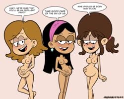 3girls aged_up black_hair breasts brown_hair comic completely_naked completely_naked_female completely_nude completely_nude_female earrings english_text eyelashes feet_out_of_frame fiona_(the_loud_house) jackee_(the_loud_house) javisuzumiya light_brown_hair long_hair looking_at_another mandee_(the_loud_house) mole mole_under_eye multiple_pregnancies navel nipples nude nude_female pink_background pregnant pregnant_belly pregnant_female scrunchie speech_bubble standing tan_skin teenager the_loud_house