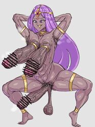 abs armpit_hair arms_behind_head balls body_horror censored dark-skinned_male dark_skin dragon_quest dragon_quest_iv femboy foreskin furry hairi huge_cock large_penis maya_mahabala multi_penis muscular_female nightmare_fuel penis penis_nipples pubic_hair purple_hair rule_63 sagging_balls smegma smell solo spread_legs squatting triphallia what