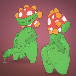 absurd_res anthro ass balls big_butt big_penis biped bodily_fluids chunknudies cum elemental_creature erection flora_fauna flower flower_creature genital_fluids genitals green_body hi_res lips looking_at_viewer looking_back male mario_(series) multiple_images navel nintendo nubbed_penis nude outie_navel penile penis petey_piranha piranha_plant plant plantie presenting presenting_hindquarters simple_background smile solo super_mario_sunshine teeth thick_lips video_games