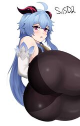 1girls ass ass_focus big_ass big_butt blue_hair eye_contact female ganyu_(genshin_impact) genshin_impact horns long_hair looking_at_viewer red_eyes sol-sama_d2 thick_thighs thighs tight_clothing