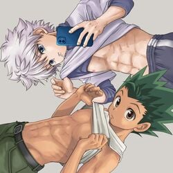 2boys belt blue_eyes brown_eyes brown_skin gon_freecss green_hair hunter_x_hunter killua_zoldyck lifting_skirt male_only nipples phone posing risukoyama white_skin