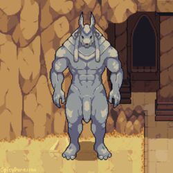 1:1 abs anthro anubis balls big_balls big_penis canid canine canis deity desert digital_media_(artwork) egyptian_mythology flaccid genitals hi_res male mammal middle_eastern_mythology muscular muscular_anthro mythology nipples penis pixel_art sculpture solo spicydurassno standing statue thick_thighs video_games