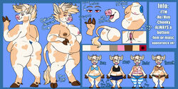 2021 anthony_(goldiescales) anthro bell bell_collar black_collar bovid bovine breasts brown_hooves cattle clothed clothing collar cowbell cuntboy cuntboy_only cuntboy_with_breasts english_text genitals goldiescales hooves intersex mammal model_sheet nipple_barbell nipple_piercing nipples nude overweight piercing pink_nose pussy standing text