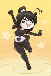 2:3 ahoge anthro areola black_body black_fur black_nipples black_nose black_pupils bottomwear breasts clothing digital_media_(artwork) feet female fingers fur genitals giant_panda gradient_background hair heart hi_res ken_ashcorp kenny_(kenashcorp) kurozu looking_at_viewer mammal nipples nude open_mouth pupils pussy simple_background smile solo star toes ursid white_body white_fur