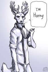 animal_genitalia anthro antlers artist_name balls beastars bottomless cervid cigarette clothed clothing english_text genitals hi_res horn looking_at_viewer louis_(beastars) male mammal monochrome necktie penis penis_tip portrait sheath short_tail simple_background solo standing sunny_frostwolf text three-quarter_portrait